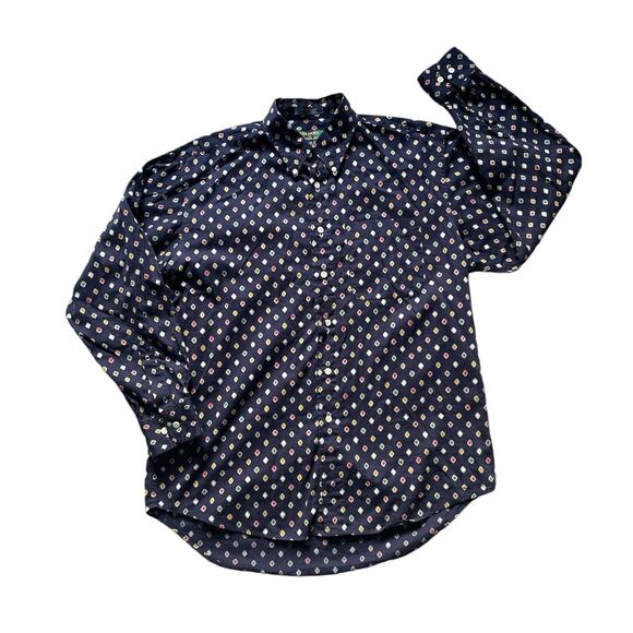 other Other - Navy Mens Button Down Shirt Diamond AOP Size Medium Bold Retro Cotton Hoco prom